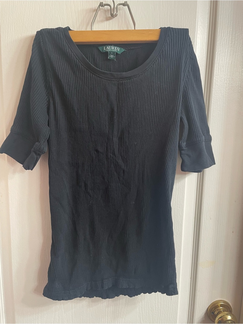Lauren Ralph Lauren Women Large Black Ribbed Knit Short Sleeve Top Everyday